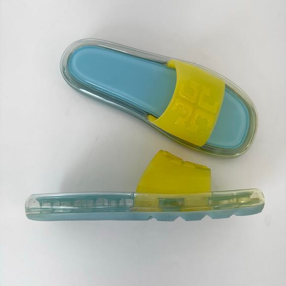 Tory Burch Bubble Jelly Slides Sandals Light Blue / Firefly Yellow Women's US10B - Picture 2 of 14